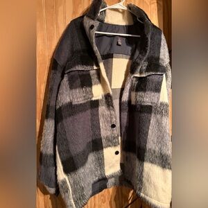 H&M Black, Gray & Cream Plush Plaid Jacket